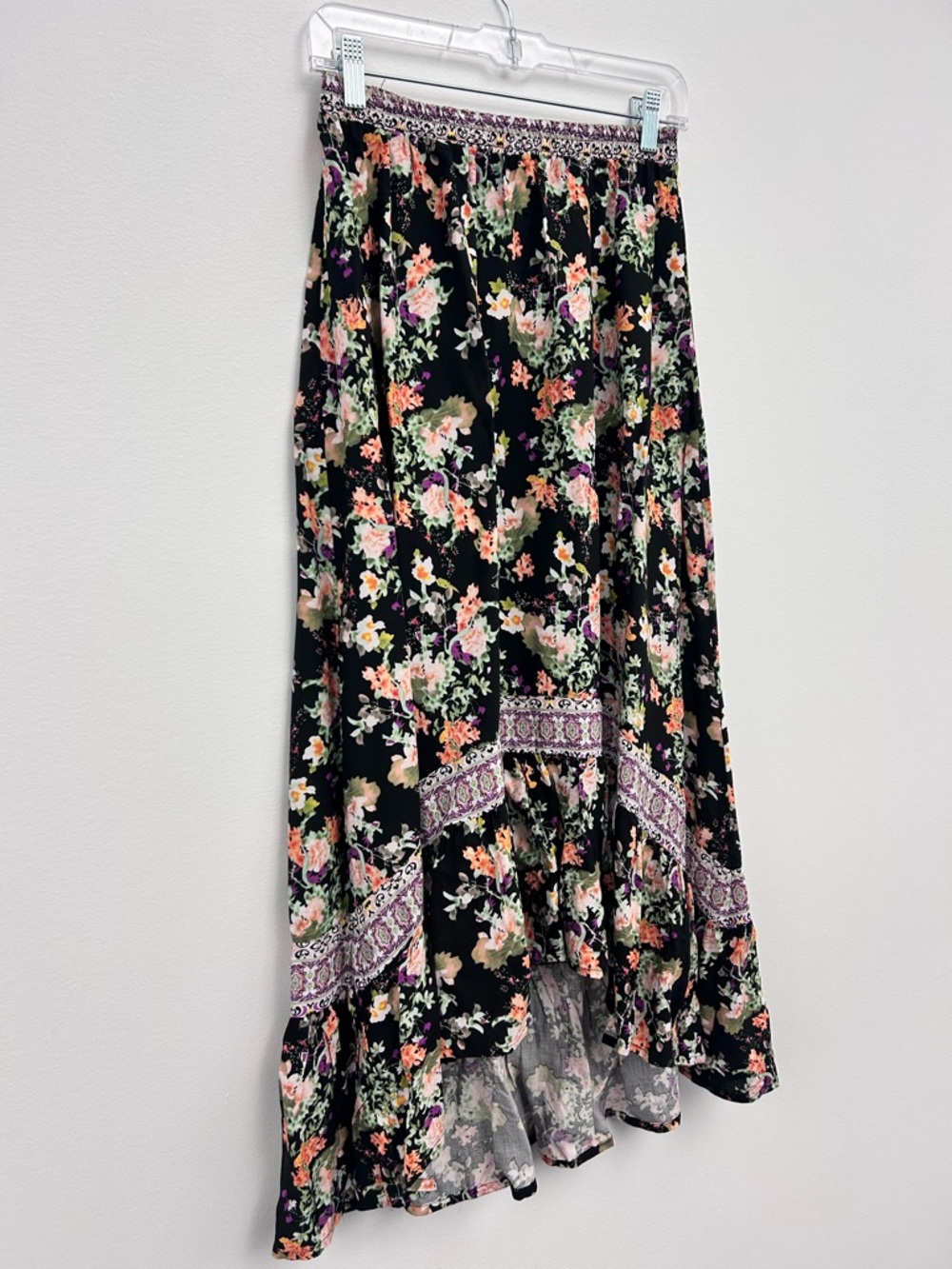 Rachel Roy NWOT Floral Black High-Low Maxi Skirt Small in Black, Pink & Green